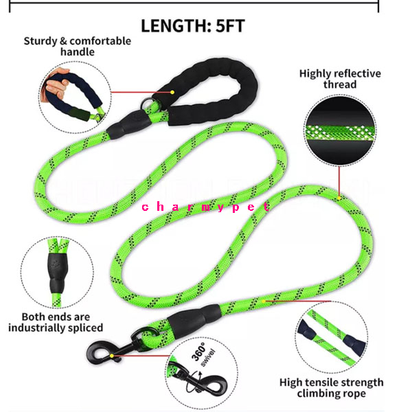 CM25001 Heavy Duty Padded Handle Nylon Reflective Rope Dog Leash For Pet Dog Walking And Training